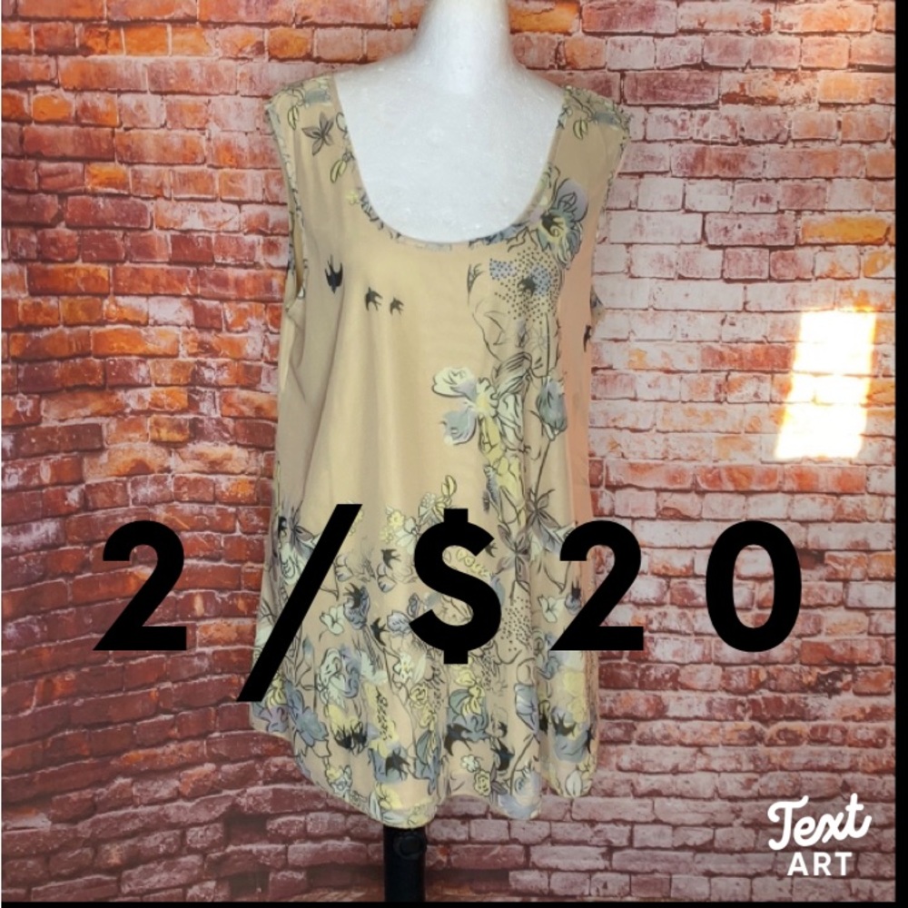 Tan Scoop Neck Floral Overlay Blouse